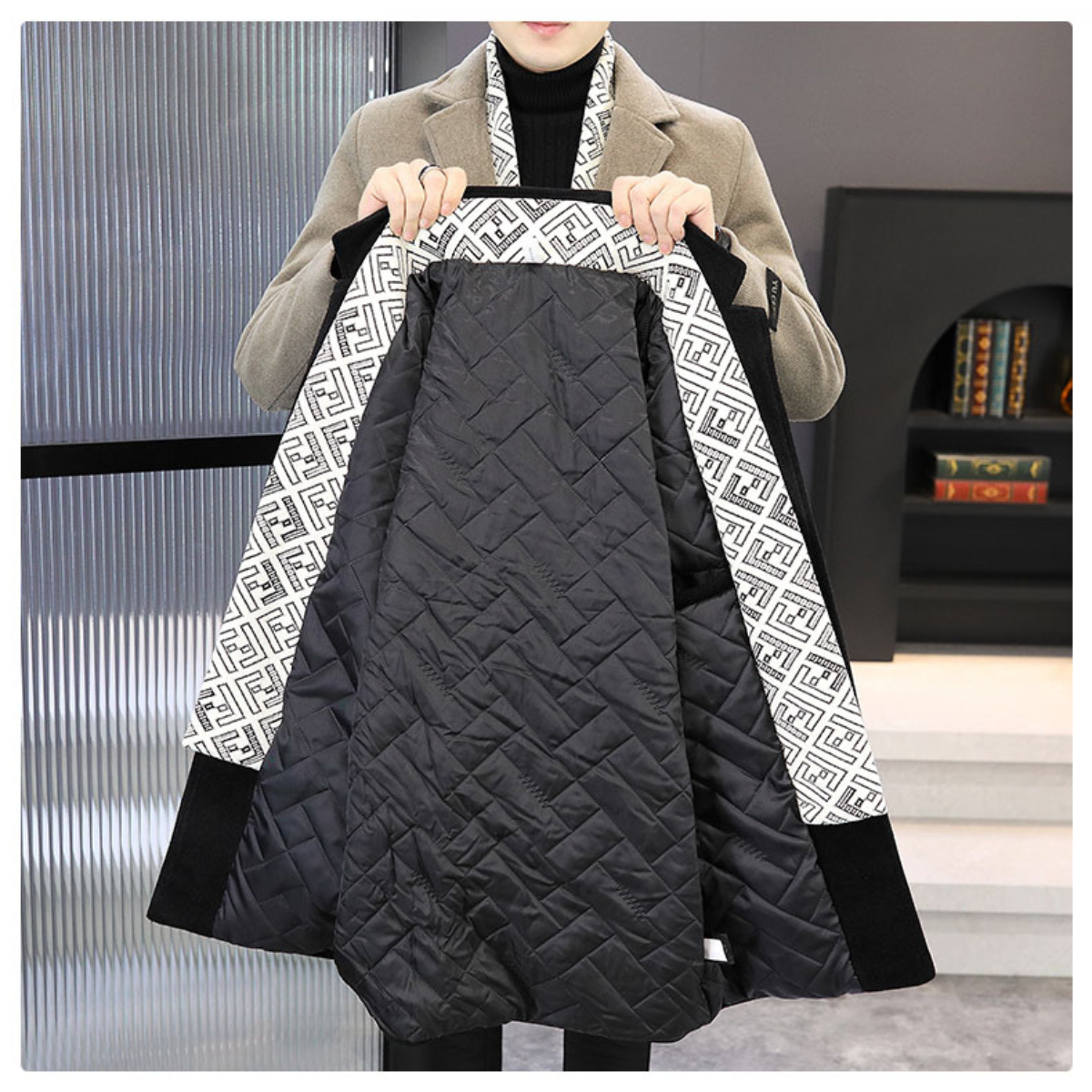 Herren Tweed Winterjacke mit Revers, gefüttert mit weißen Entendaunen